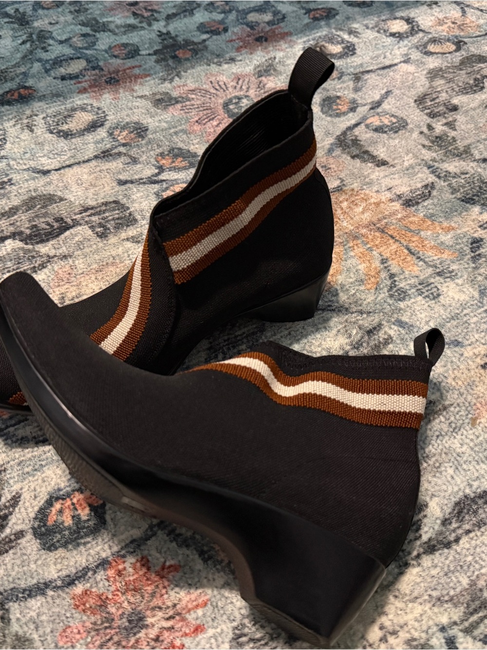 Lower King Black Stretch Ankle Boots with Brown and Cream Stripes